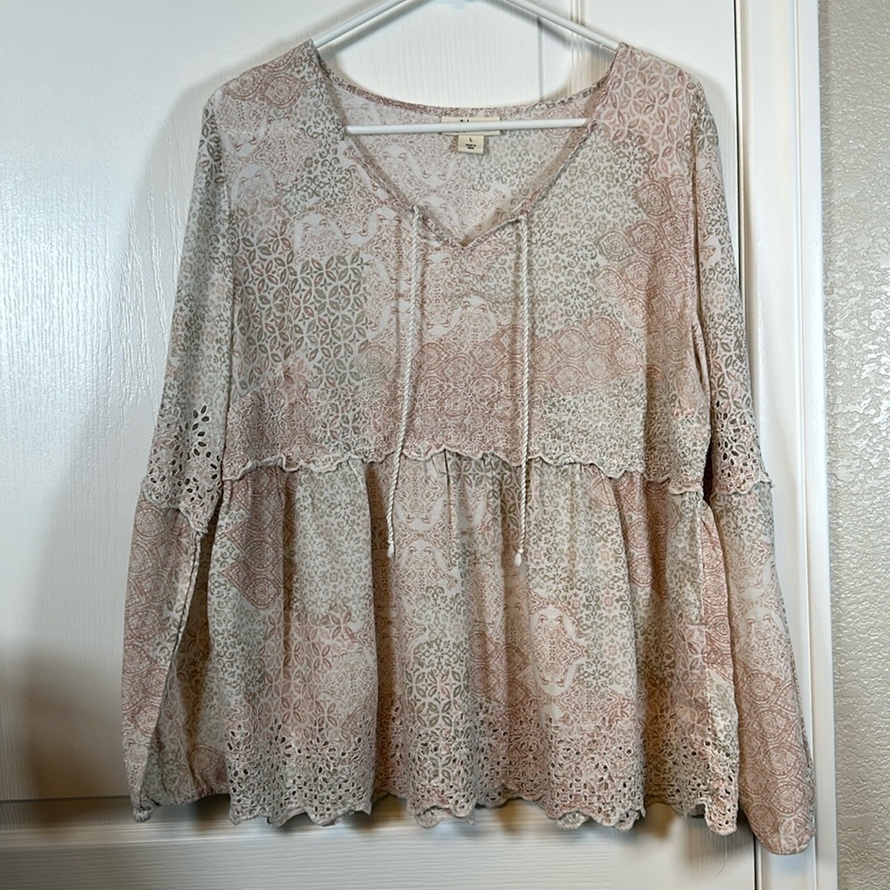 Style & Co Peasant Eyelet V-Neck Breezy Tunic Blouse Bohemian Large Euc #6523 View 2